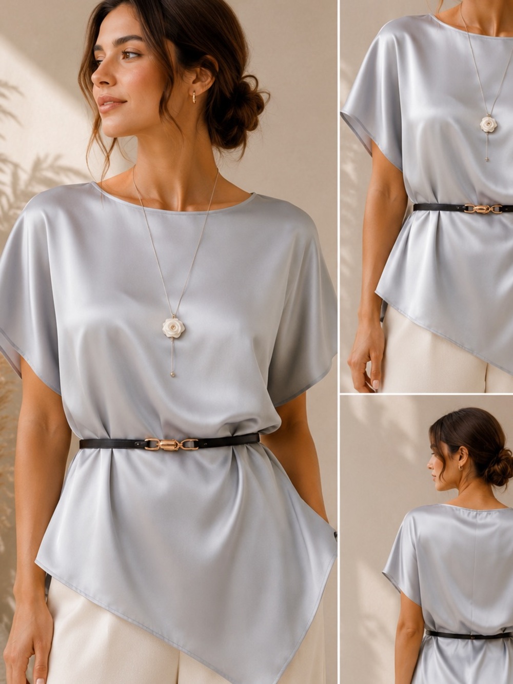 Elegant Silver Satin Asymmetric Hem Women's Top